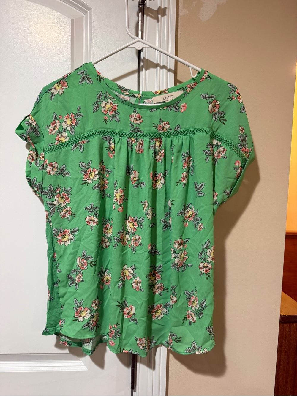 LOFT Bright Green Floral Crochet-Yoke Blouse